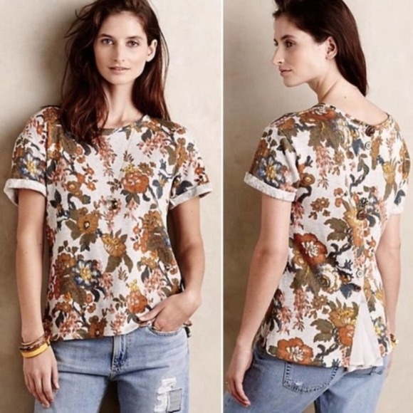 Anthro Rosewood Floral Embellished Button Back Top - Picture 1 of 12